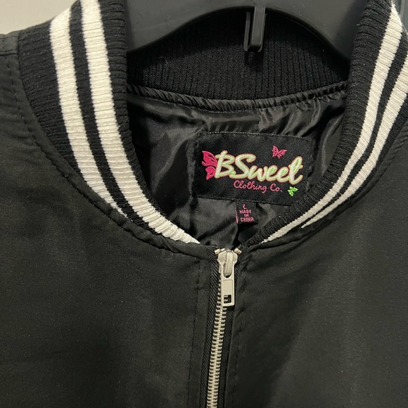 Black and White Bomber Jacket with Striped Collar and Silver Zipper.  #004 - Picture 1 of 7